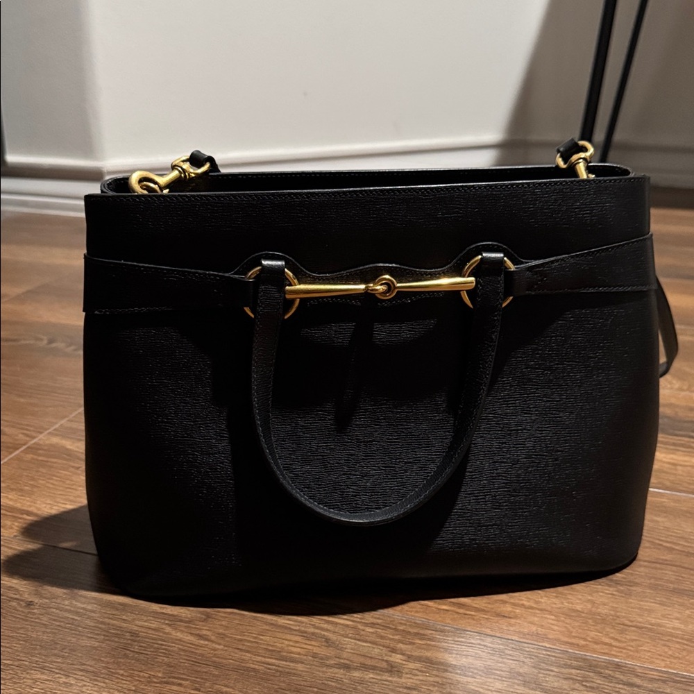 Gucci Horsebit Black Leather Top Handle Bag | Gold Hardware Crossbody - Picture 2 of 14